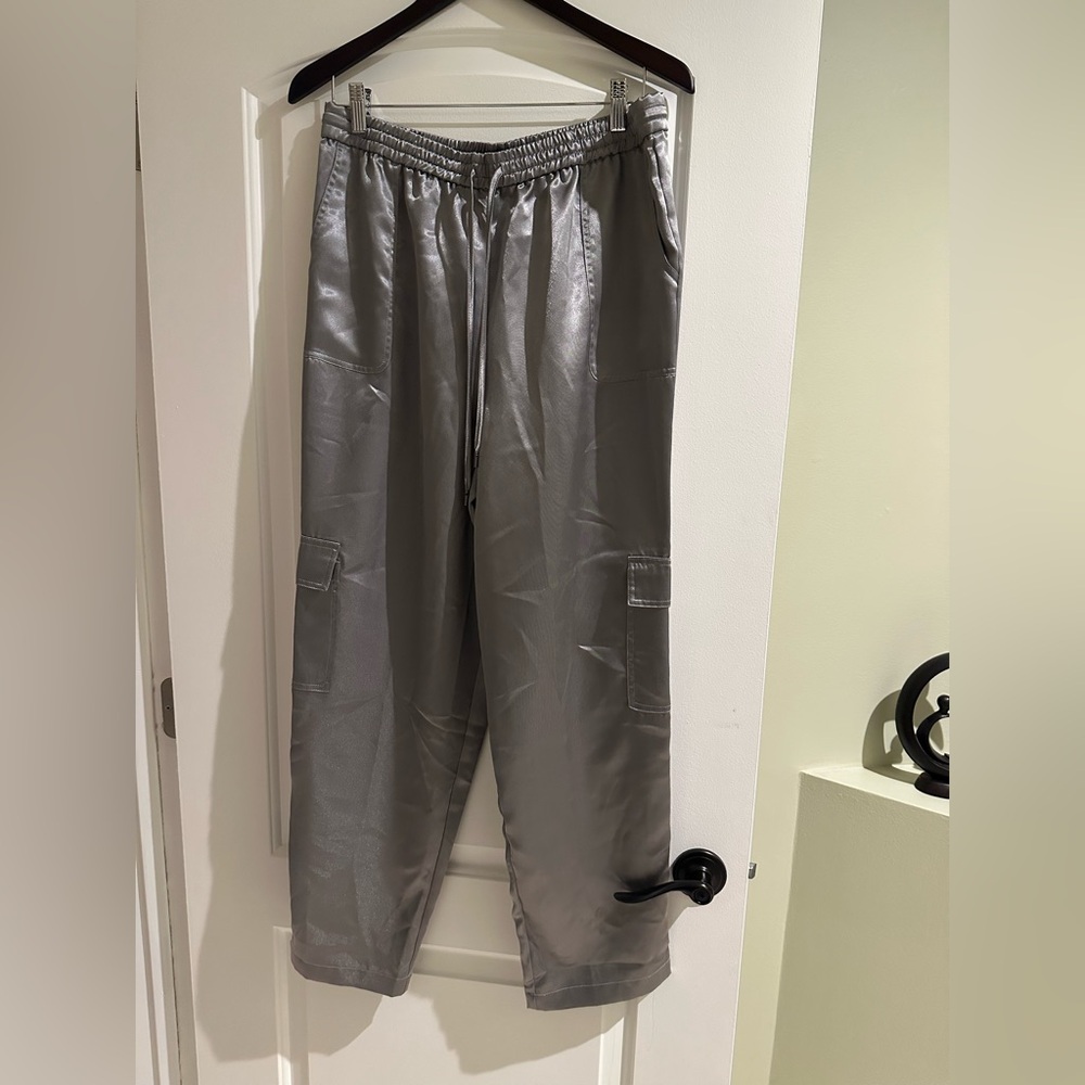 Boston Proper Shiny Satin Silver-Gray Cargo Pants